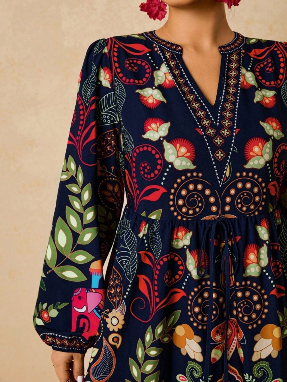 Boho Women's Navy Blue Plus Size Floral Long Sleeve maxi Dress - Picture 7 of 7